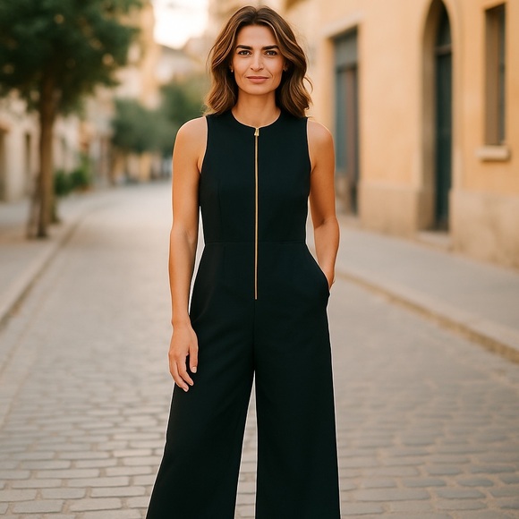 Zara Sz S Black Crepe Jumpsuit Wide Leg Crop Zip Front Sleeveless small - Picture 2 of 13